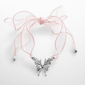 Silver Butterfly necklace with Pink Ribbon